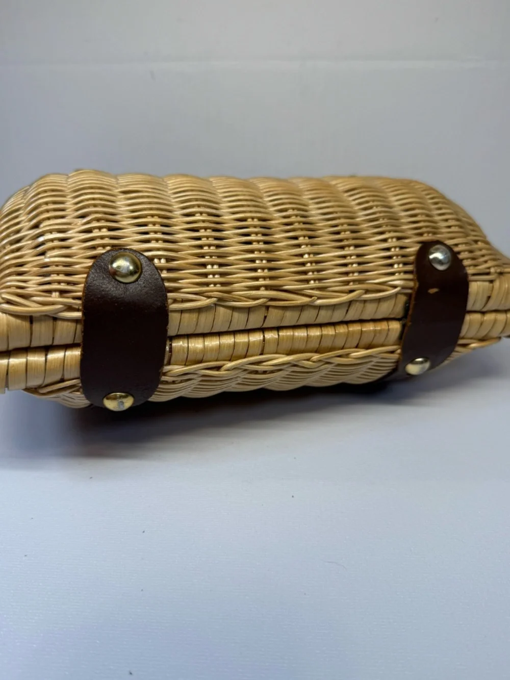Vintage Mr. Jonas Wicker Basket Handbag Brown Leather Trim Top Handle Purse